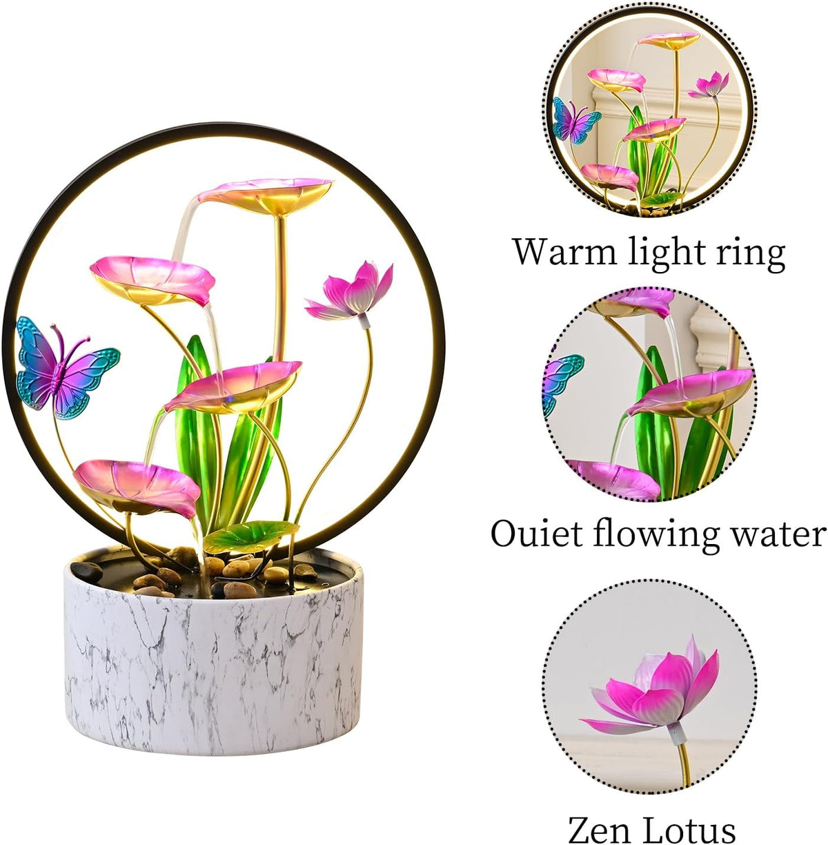 11‘’ H Pink Tabletop Water Fountain, Zen Desktop Waterfall, Indoor Lotus Desktop Decorative Fountain, Home Bathroom Bedroom Decor.