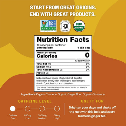 FGO Organic Turmeric Ginger Herbal Tea, 40 Count, Eco-Conscious Tea Bags, Caffeine Free (Pack of 1)