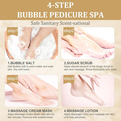Pedicure Kit Foot Soak Set: Bubble Salt, Sugar Scrub, Massage Mask, Massage Lotion in a Box, 4 Step Foot Spa Kit for Dry Feet, Softens Calluses, Tired Feet（3 Set Lavender) - Colors B