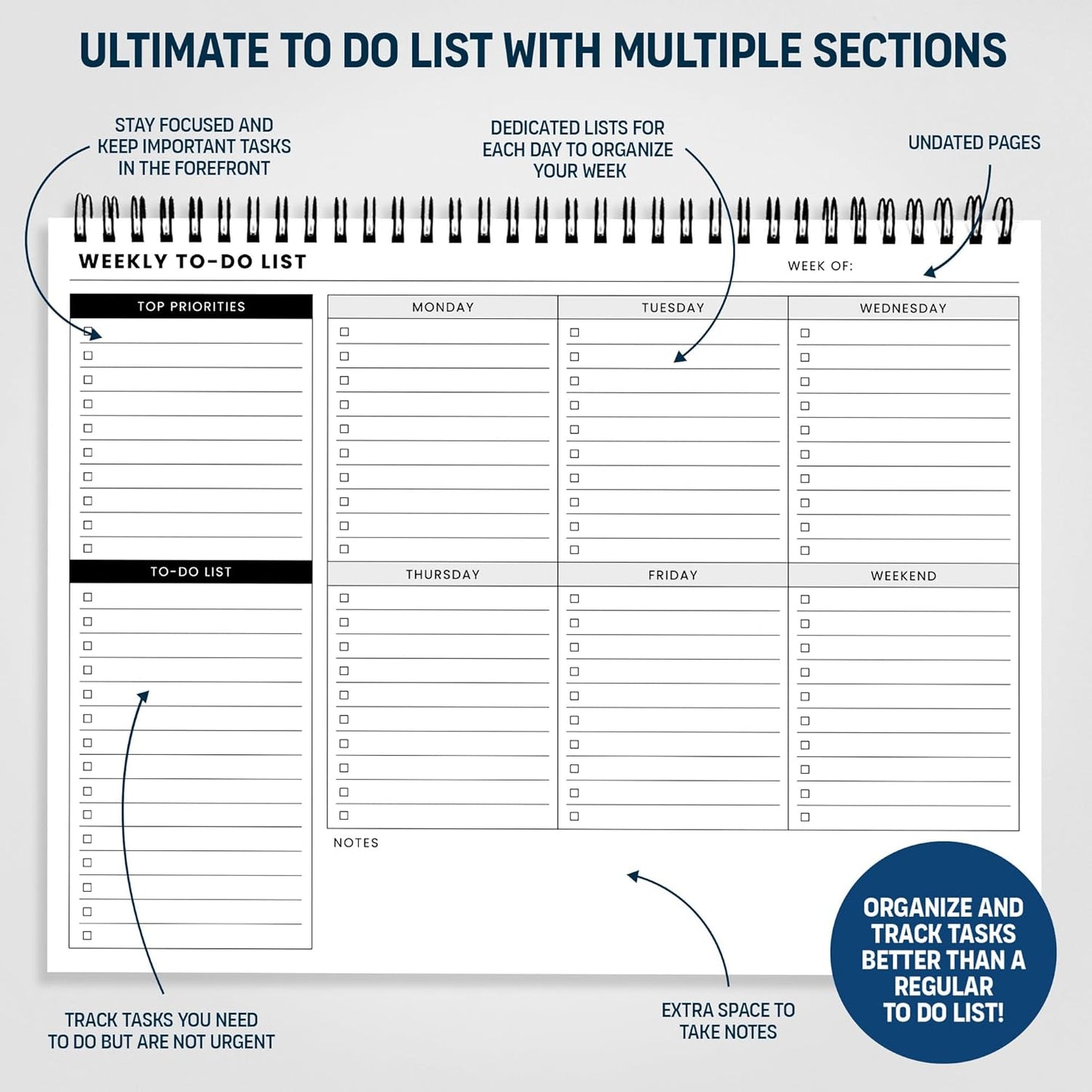 Weekly Planner Pad: To Do List Desk Notepad with Multiple Sections - 8.5x11" 52 Sheets - Undated Tear Off Notebook Calendar - Habit Planning Tracker, Task Goal Checklist Organizer - Agenda Plan Pad