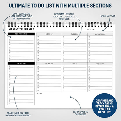 Weekly Planner Pad: To Do List Desk Notepad with Multiple Sections - 8.5x11" 52 Sheets - Undated Tear Off Notebook Calendar - Habit Planning Tracker, Task Goal Checklist Organizer - Agenda Plan Pad