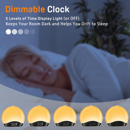 JALL Full Screen Dimmer Sunrise Alarm Clocks for Bedrooms, Wake Up Light with FM Radio, 25 White Noise Sleep Sounds, Bluetooth Speaker, Dual Alarms Bedside Clock for Heavy Sleepers