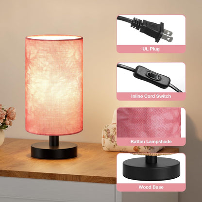 Fenmzee Small Table Lamp for Bedroom - Inline Control, Bedside Lamp with 3000K A15 LED Blub, Easy Assembly (Cream Shade - Wood Base, 9" Inline Control)