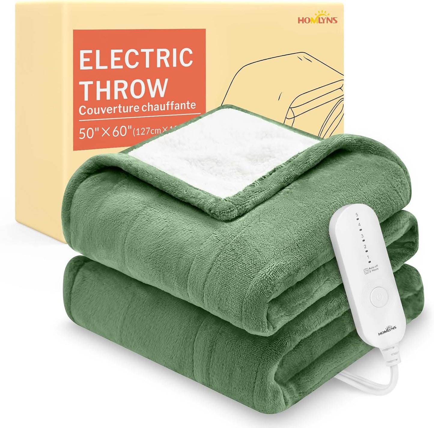 HOMLYNS LuxeHeat Heated Blanket Electric Blanket, Soft Flannel Sherpa Heated Throw, Heating Blanket with 5 Heat Settings, 3 hrs Timer Auto Shut Off (50x60 inches, Purple), Only for 120V Voltage Use