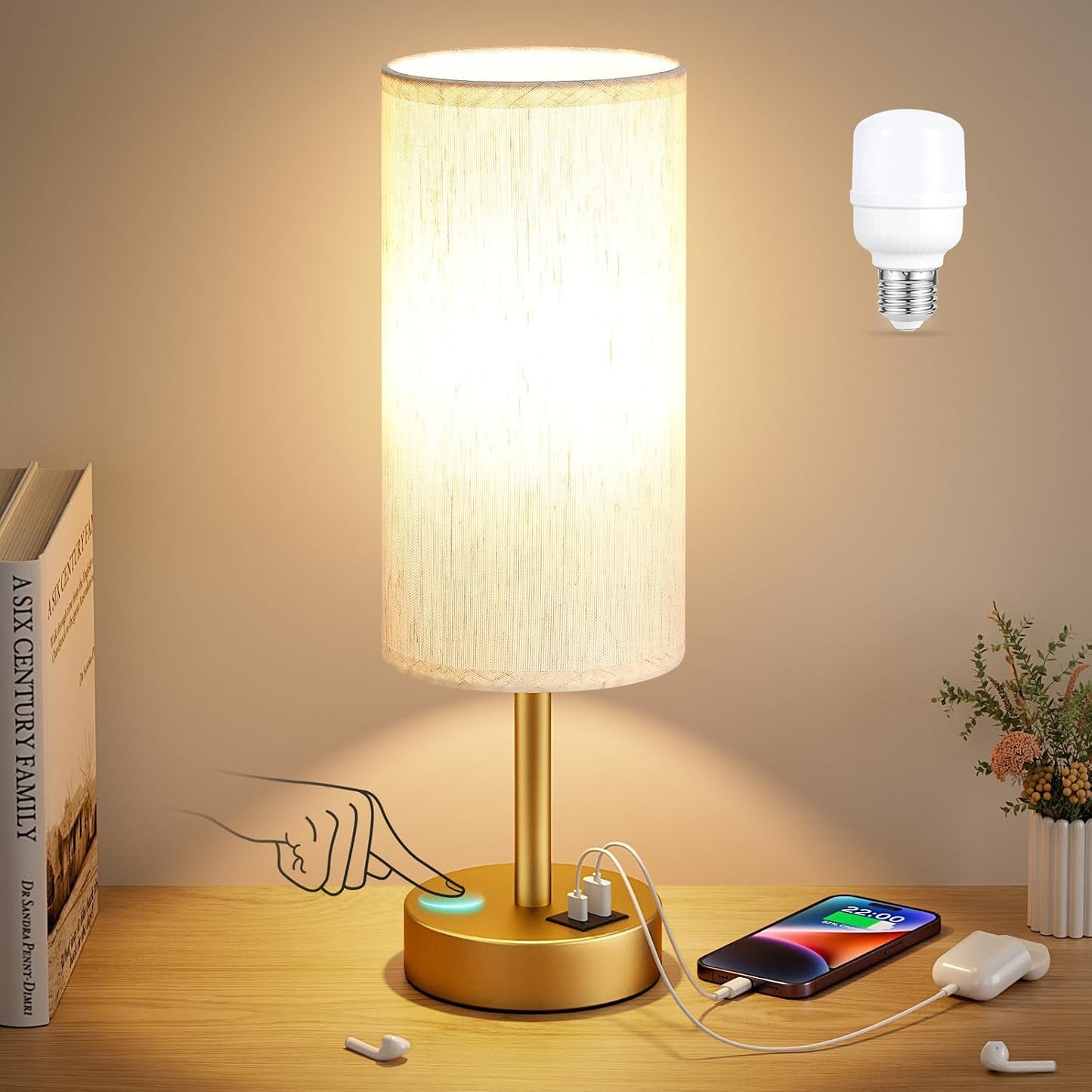 Dicoool Touch Bedside Table Lamp with USB - 3 Way Dimmable Wood Lamp for Bedroom Nightstand, Desk Lamp with Charging Station for Dorm, Living Room, Office, Kids Room, Small, 14in