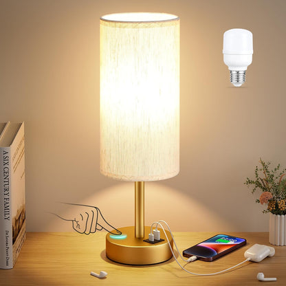 Dicoool Touch Bedside Table Lamp with USB - 3 Way Dimmable Wood Lamp for Bedroom Nightstand, Desk Lamp with Charging Station for Dorm, Living Room, Office, Kids Room, Small, 14in