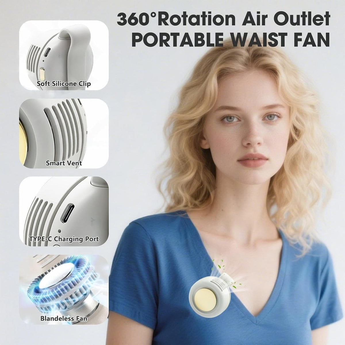 Personal Fan, Portable Clip On Fan for Shirt, USB Rechargeable, White