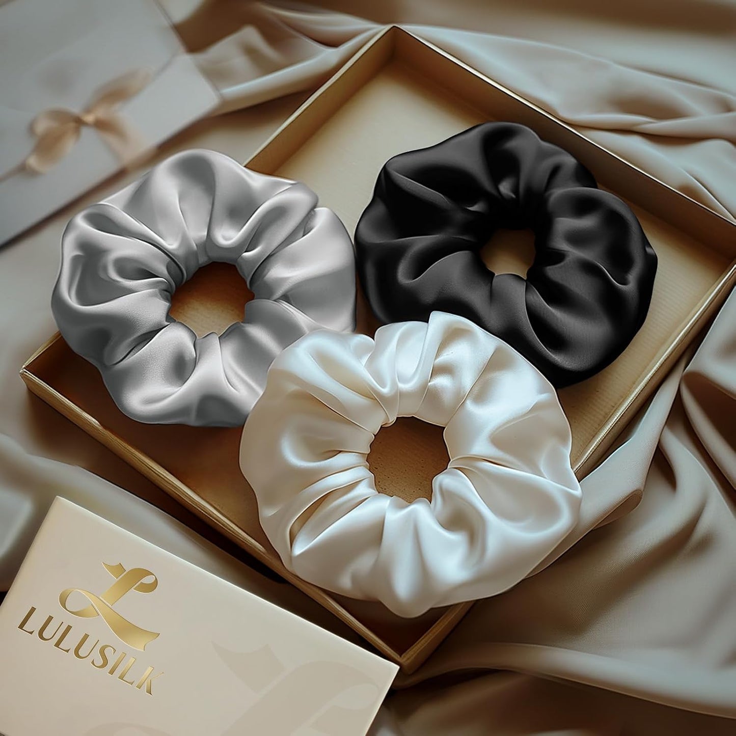 LULUSILK Silk Scrunchies for Hair Sleep, 100% Real Mulberry Silk, No Damage Hair Ties for Women and Girls, Classic Black, Pack of 3
