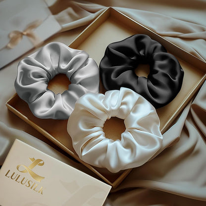 LULUSILK Silk Scrunchies for Hair Sleep, 100% Real Mulberry Silk, No Damage Hair Ties for Women and Girls, Classic Black, Pack of 3