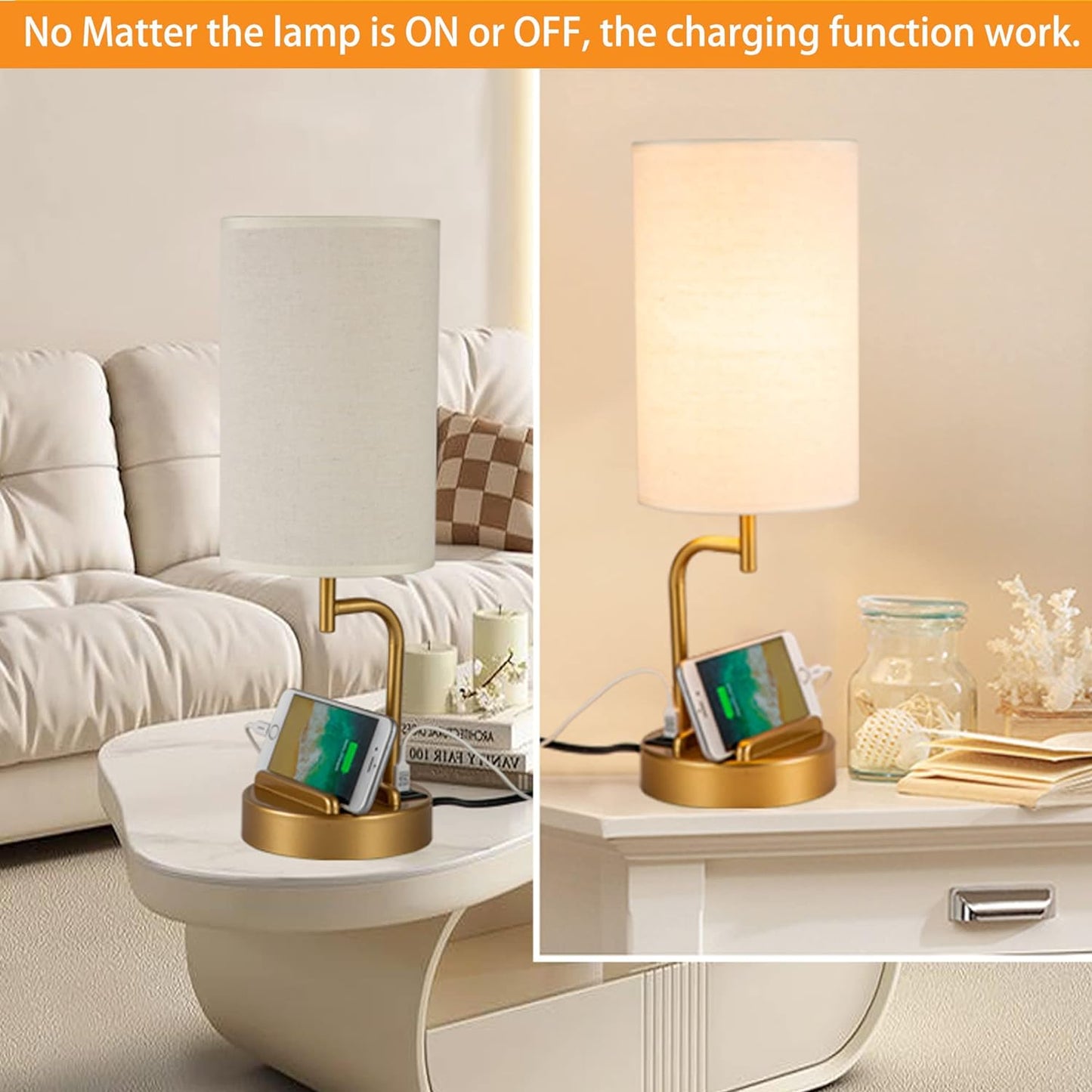 Dreamholder Touch Control USB Table Lamp, Upgraded 3-Way Dimmable Bedside Desk Lamp with USB C & A Charging Ports and AC Outlet, Nightstand Lamp for Bedroom, Dimmable Bulb Included, Gold