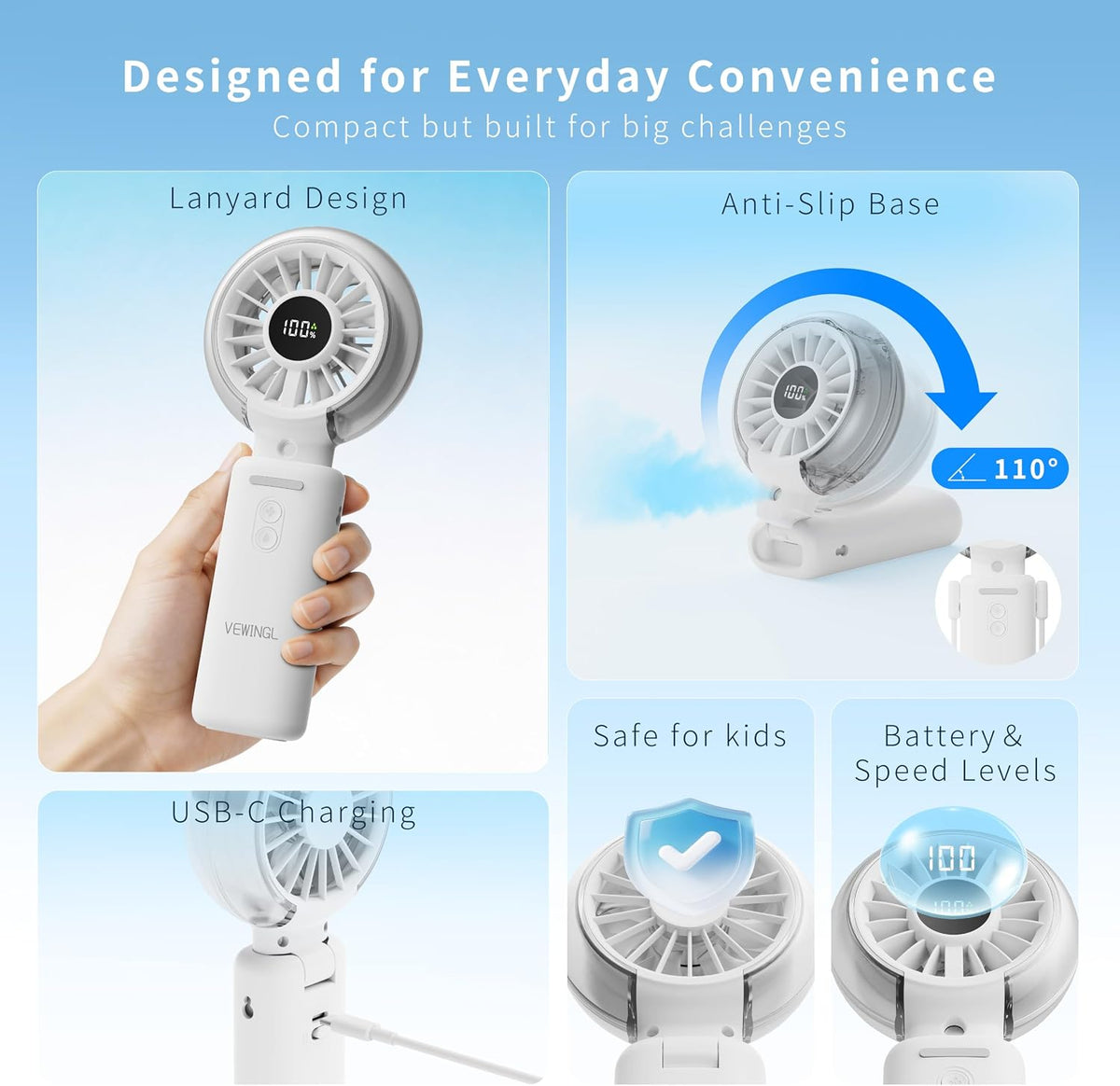 VEWINGL Portable Misting Fan, 110° Foldable Handheld Fan, 5 Speed
