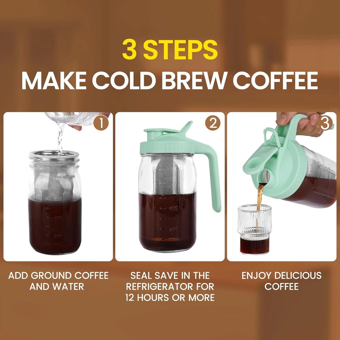 Cold Brew Coffee Maker,64 oz Mason Jar Pitcher with Stainless Steel Filter, Pour Spout Handle Lid, Heavy Duty Glass Airtight & Leak-Proof for Iced Coffee,Tea & Lemonade