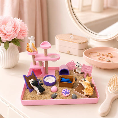 Cat Lover Mini Zen Garden Desk Decor, 3D Print Plastic Miniature Sandbox with 4 Cats, Stewss Relief Gifts for Coworkers, Friends, Family