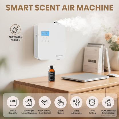 URPOWER 300ml Waterless Nebulizing Scent Diffuser Up to 3000 Sq Ft, Smart APP Control HVAC/Wall Cold-Air Aromatherapy Machine with Lockable Oil Bottle for Home/Office/Hotel Starter Oil Included