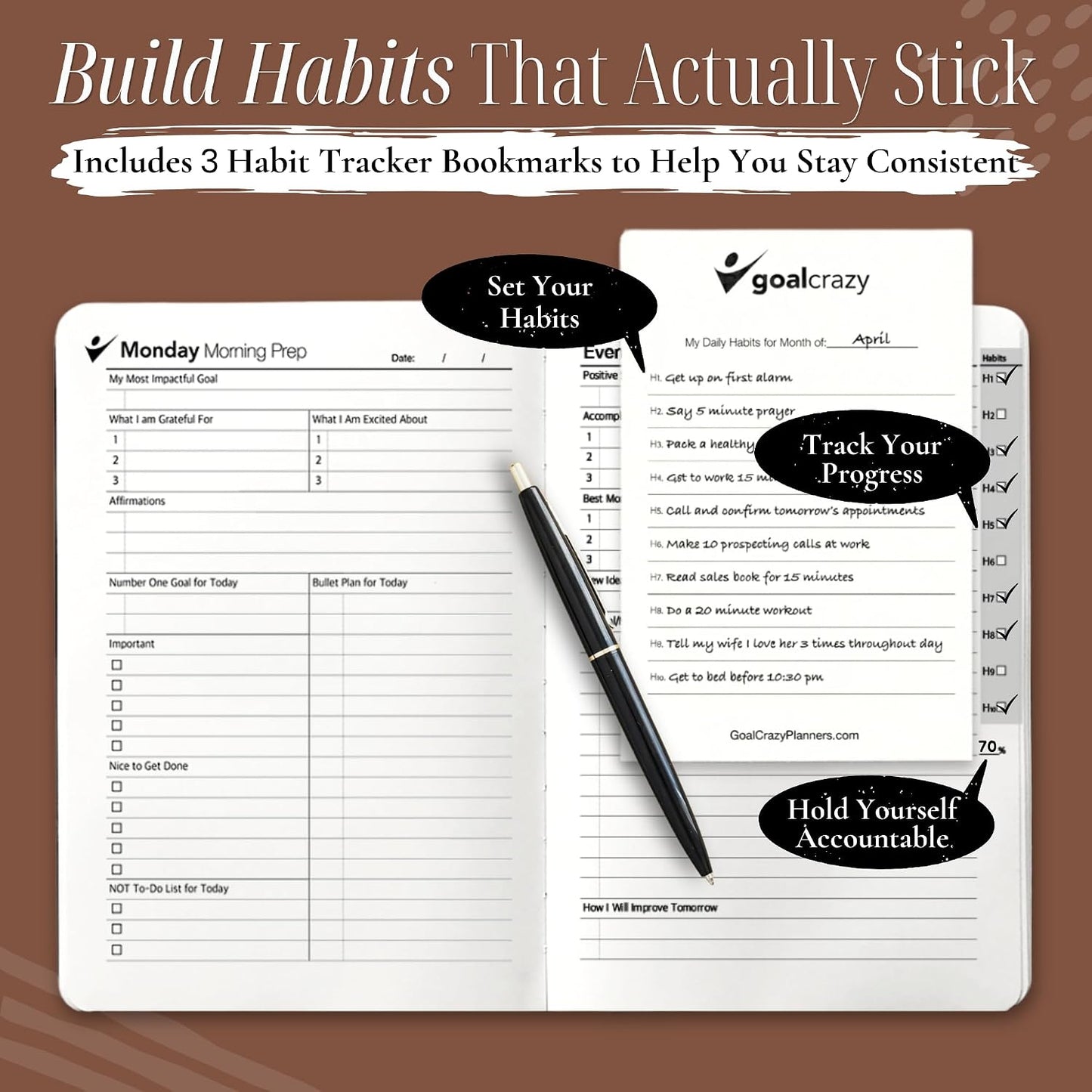Goal Crazy Undated Planner – 90 Day Guided Journal & Productivity Organizer, A5 Daily & Weekly Planner with Goal Setting, Habit Tracker, To Do List, Academic & Work Calendar, Leather Hardcover - Black