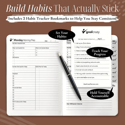 Goal Crazy Undated Planner – 90 Day Guided Journal & Productivity Organizer, A5 Daily & Weekly Planner with Goal Setting, Habit Tracker, To Do List, Academic & Work Calendar, Leather Hardcover - Black