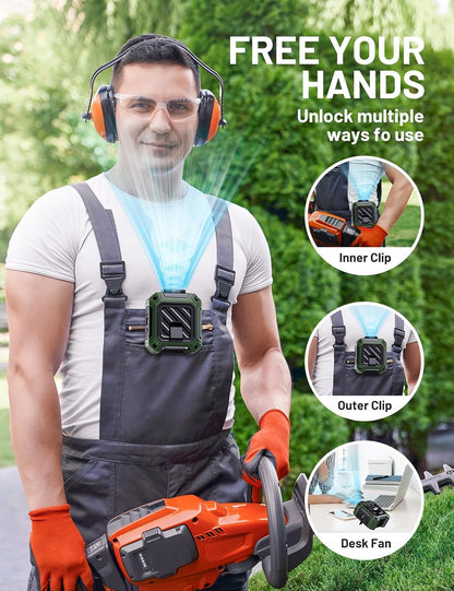 Portable Waist Fan with 10000mAh Battery, 5 Speeds, 130° Wide Angle Airflow, Hands-Free Clip-on for Outdoor Work, Hiking, Camping (orange)