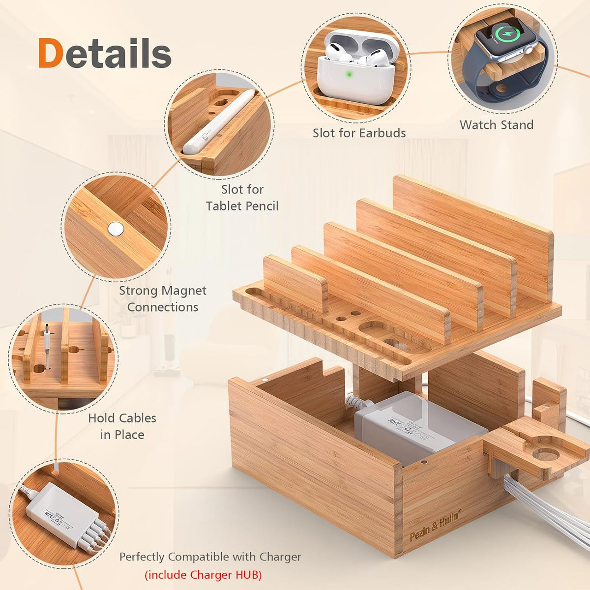 Bamboo Charging Station for Multiple Devices with USB Charger, 5 Cables
