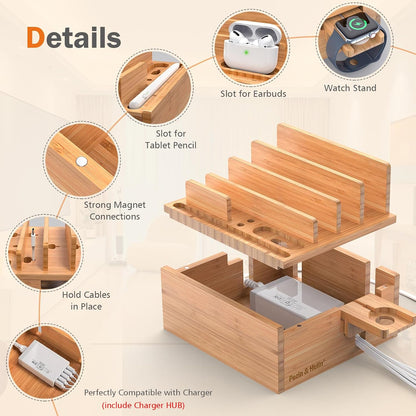 Bamboo Charging Station for Multiple Devices with USB Charger, 5 Cables