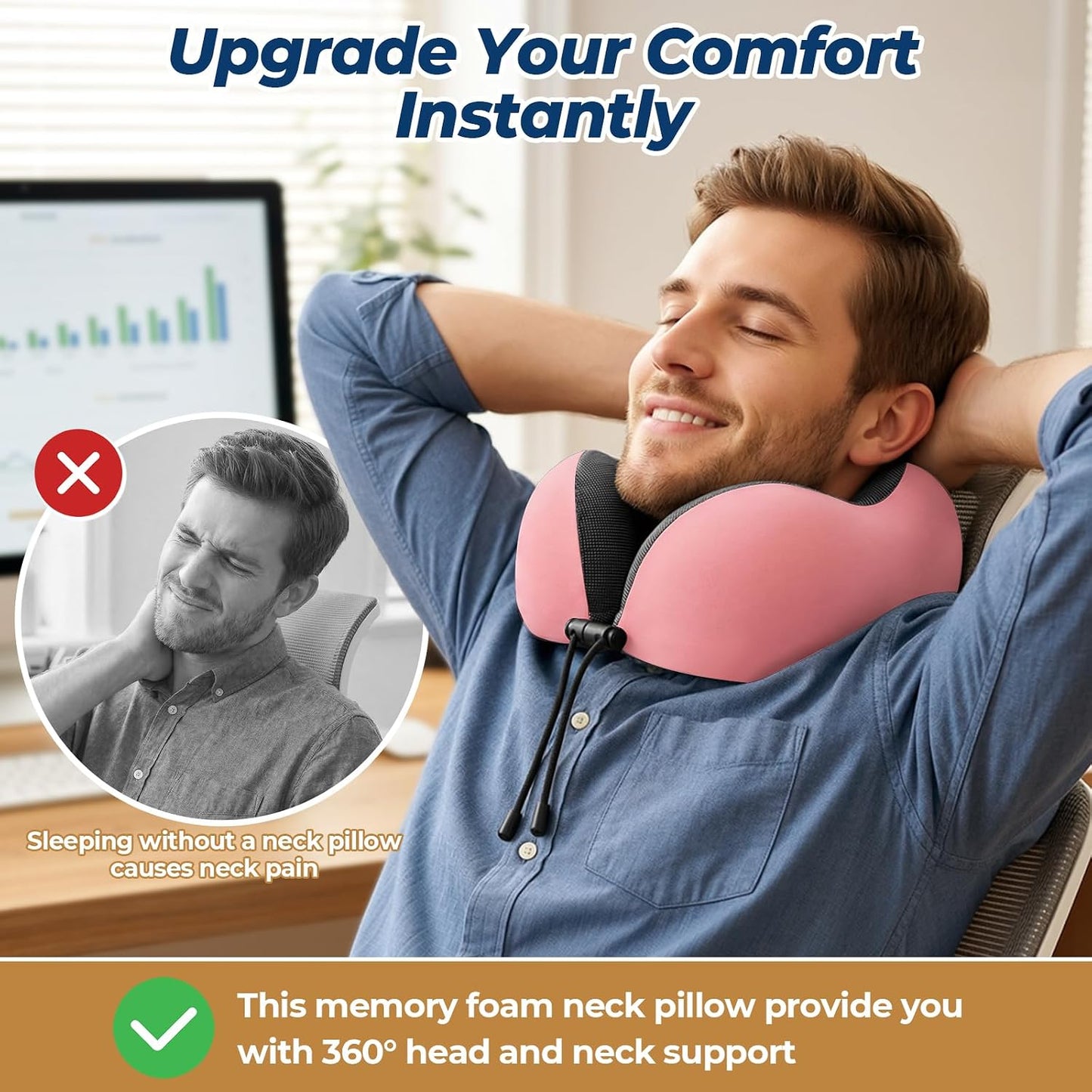 ExploreBliss Travel Pillow, Travel Pillows for Sleeping Airplane, Neck Pillow Airplane, Memory Foam Neck Pillow Set with Eye Mask, Earplugs and Storage Bag -Grey