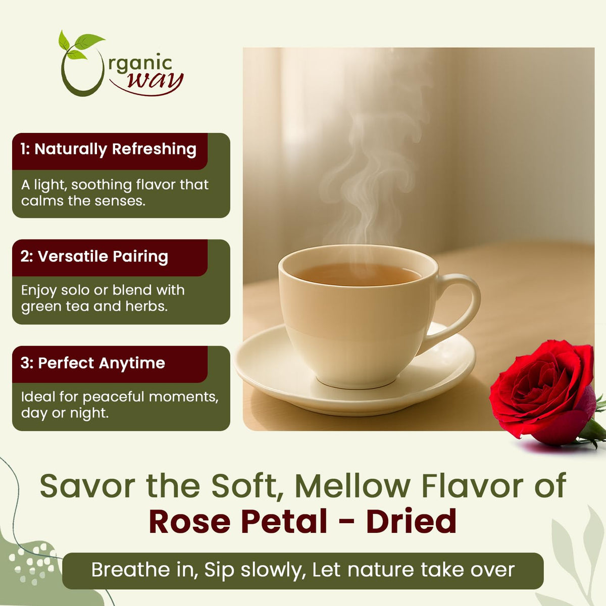 Organic Way Rose Petals Dried - Herbal Tea - 100% Raw from India (8 Oz)
