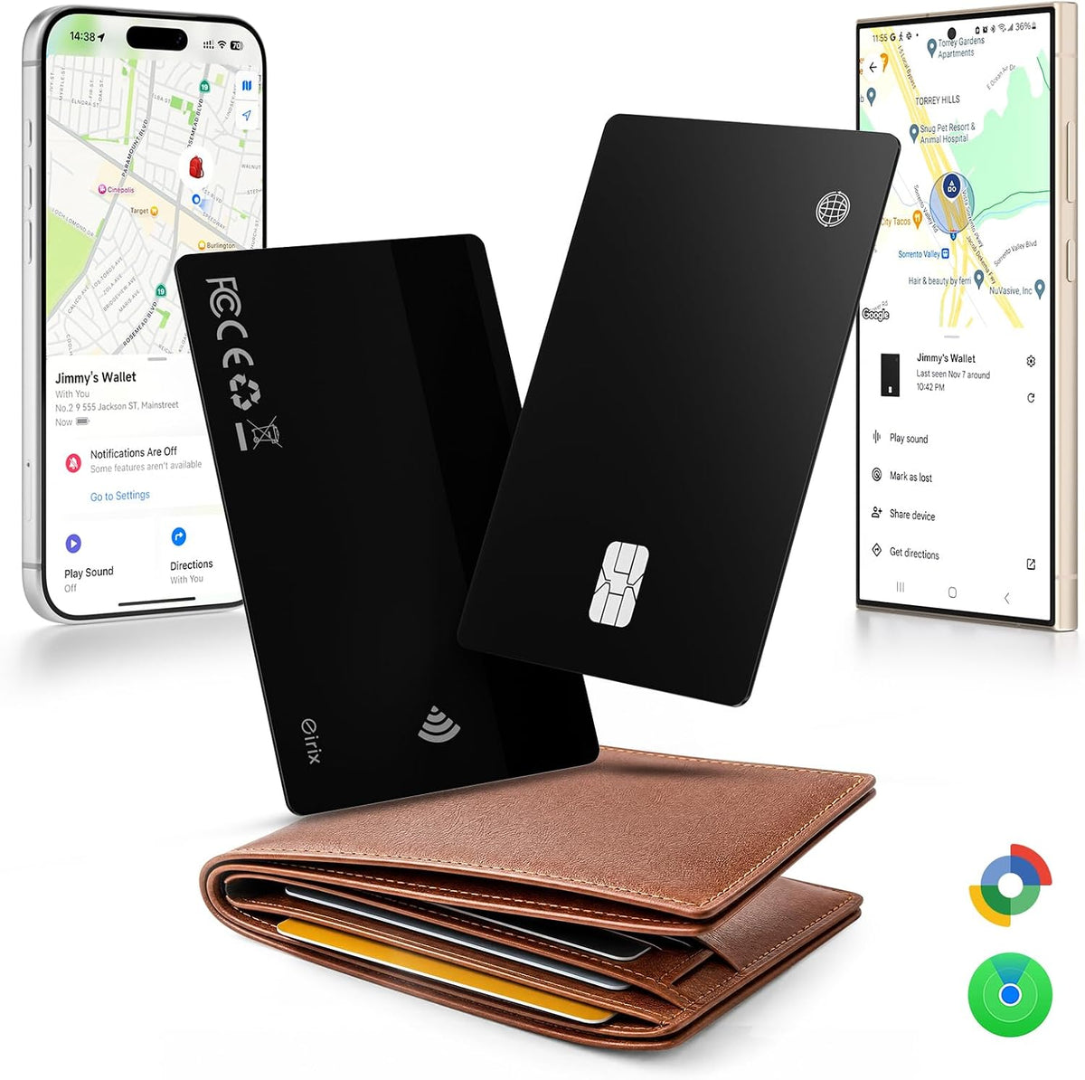 eirix 2 Pack Wallet Tracker Card (iOS and Android) Ultra Slim 0.07in IP68 Waterproof Rechargeable Work with Apple Find My & Google Find Hub, Item Locator for Card Holder,Passports,Money Clips