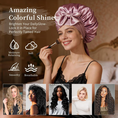 Silk Bonnet Satin Bonnet for Sleeping Large Bonnets with Tie Band Hair Wrap with Adjustable Straps Hair Cap for Women Curly Black