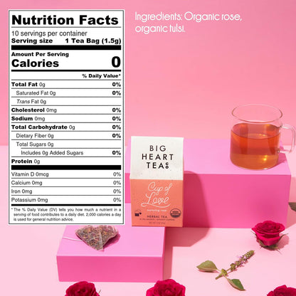 Big Heart Tea Co. Tea Bags - Cup of Love Red Rose - Certified Organic, Floral Ayurvedic Herbal Decaf Tea in Zero Plastic Sachets with Small Batch Ground Herbs, Adaptogenic Tulsi, 10 Tea Bags