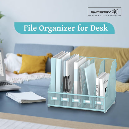 SUPEASY Desk Organizers Metal Desk Magazine File Holder with 5 Vertical Compartments Rack File Organizer for Office Desktop, Classroom, Home Workspace, Black
