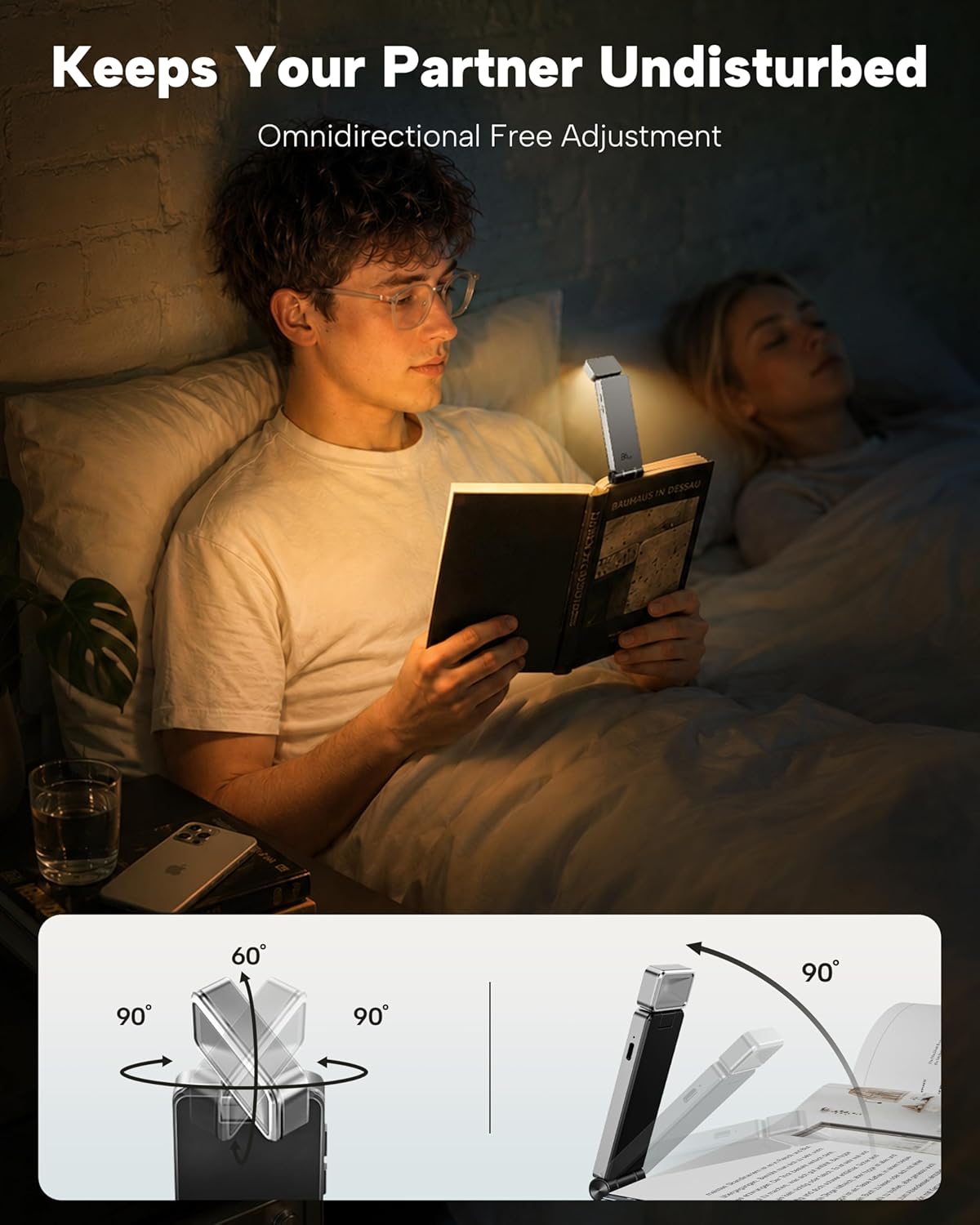 86lux Book Light, Rechargeable Clip-On LED Reading Light for Bed & Night Use - 3 Color Temperatures with Stepless Dimming, Ultralight Bookmark Design for Book Lovers, Grey