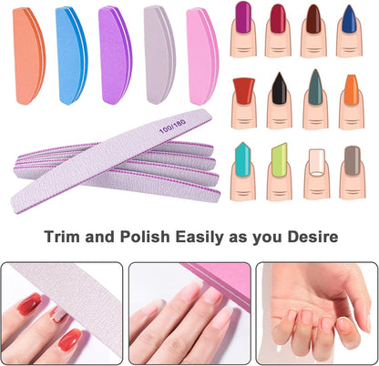 Nail File and Buffer (10 Pcs), Buffer Block Nail Files Double Sided 100/180 Grit for Acrylic and Natural Nails, fingernail Emery Board Buffing Blocks Manicure Set Nail Care kit Tool Halfmoon Arc