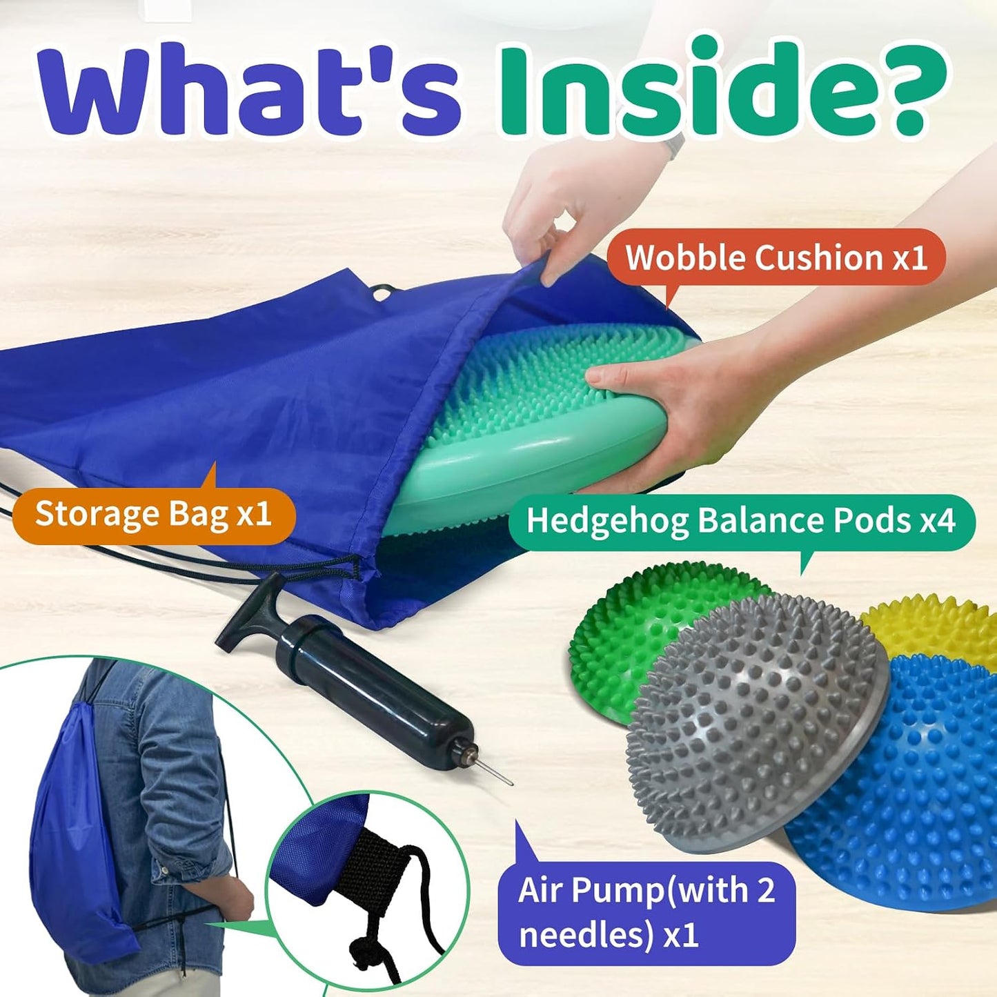 Wobble Cushion Set for Sensory Kids and Balance Training - Disc Plus 4 Pods, Board With Pump, Inflatable Stepping Pads for Adults