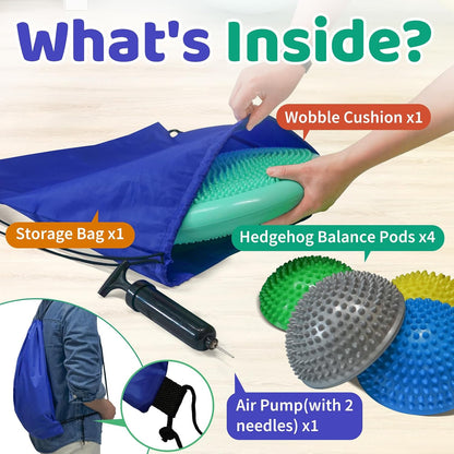 Wobble Cushion Set for Sensory Kids and Balance Training - Disc Plus 4 Pods, Board With Pump, Inflatable Stepping Pads for Adults