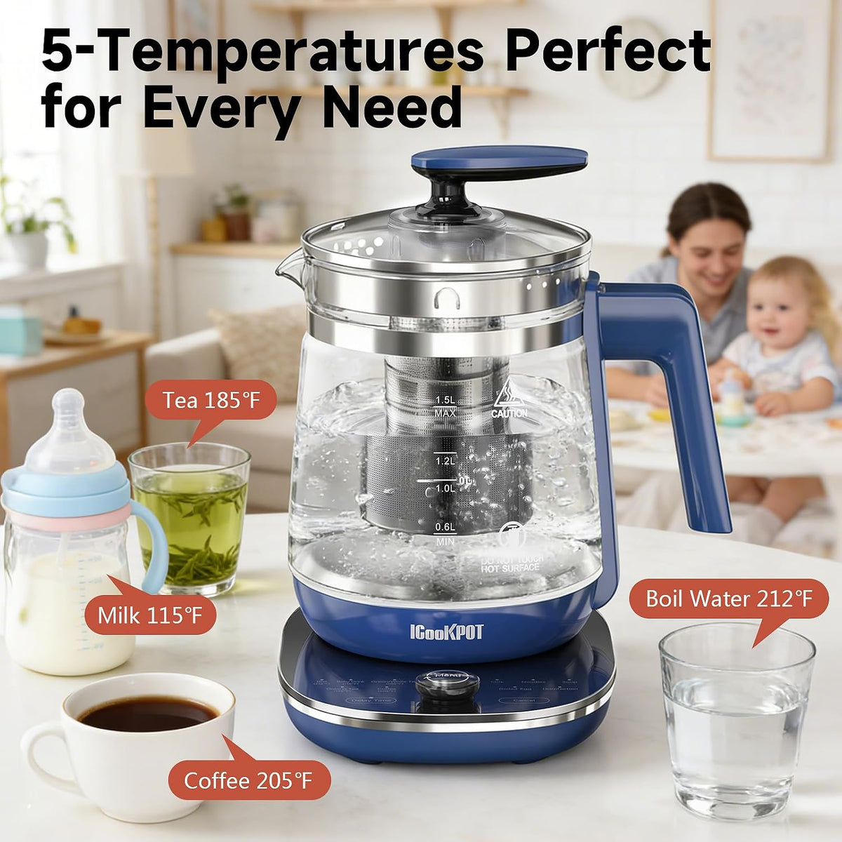 Electric Kettle 1.5L Borosilicate Glass, 1200W Temperature Control Tea Kettle with Auto Shut-Off & Boil-Dry Protection, BPA-Free Stainless Steel Base, Fast Boil for Coffee & Keep Warm, White