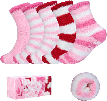 Bulinlulu Fuzzy Socks With Grips for Women, 5 Pairs Non Slip Sleep Warm Fluffy Slipper Socks Gifts for Women