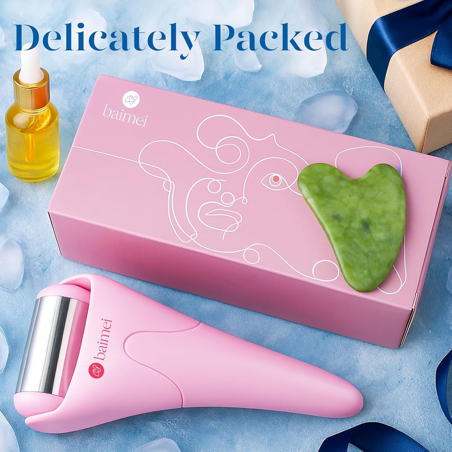 BAIMEI IcyMe Ice Roller for Face and Gua Sha Facial Tool Set, Ice Face Roller Reduces Puffiness Relieves Migraines Skin Care Tools, Self Care for Women - Pink