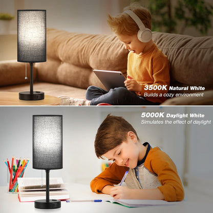 Small Bedside Table lamp for Bedroom - 3 Color Temperatures Bedside Lamps with USB C and A Ports, Pull Chain Table Lamps with AC Outlet, White Nightstand Lamps with Black Metal Base for Kids Reading