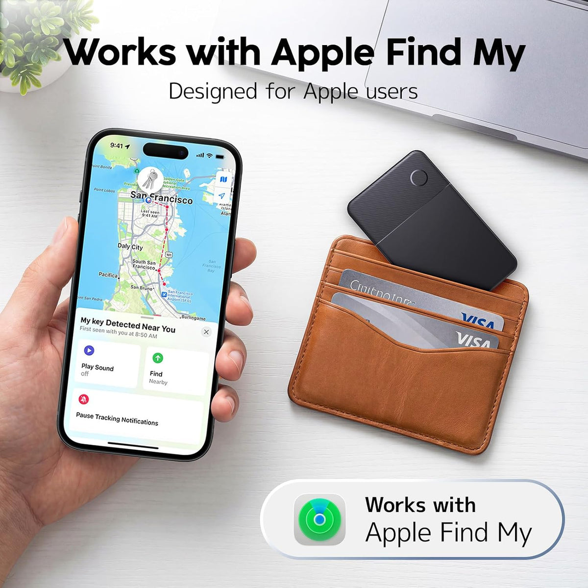 Apple Find My Wallet Tracker Card, Rechargeable Slim Bluetooth Wallet Finder for iPhone, Item Locator for Wallet, Keys, Passport & Luggage, iOS Only, Black