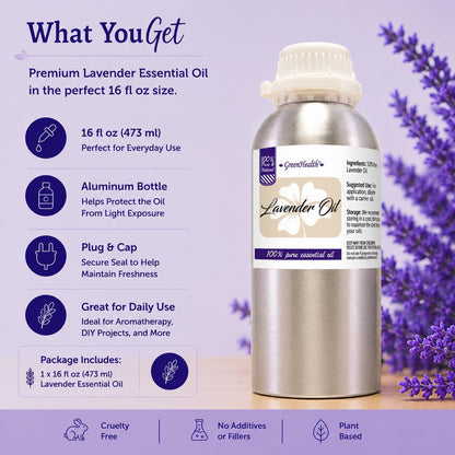 GreenHealth Lavender Essential Oil – 16 fl oz (473 ml) – 100% Pure & Uncut – Aluminum Bottle – Bulk Lavender Oil for Diffuser, Aromatherapy, Candles, Soap & DIY
