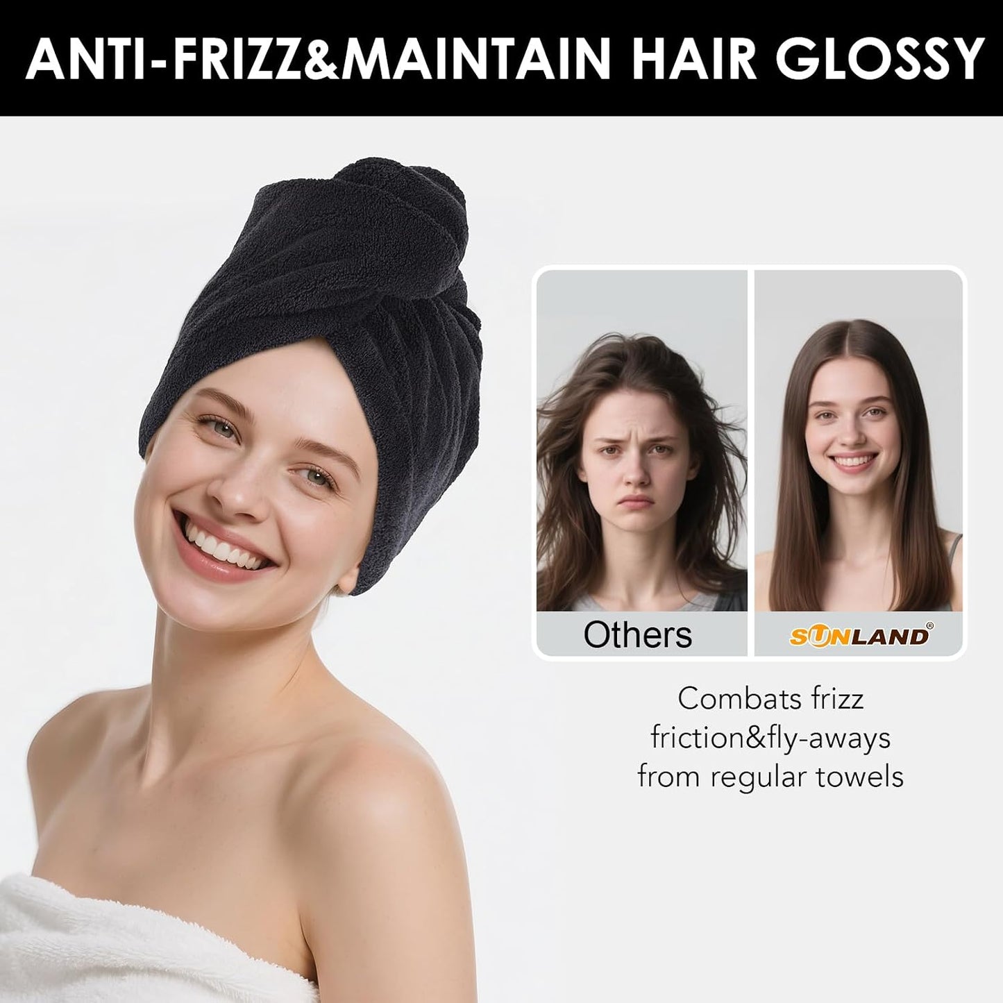 SINLAND Microfiber Hair Drying Cap Hair Towel Turban Twist for Women Fast Drying Towels Head Turban Absorbent Soft Lightweight 3 Pack Black