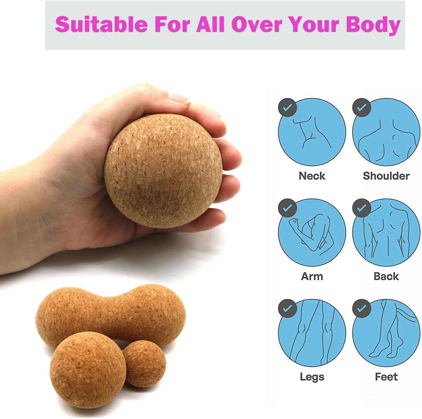 Cork Peanut Massage Ball, Lacrosse Ball Peanut Roller Massage for Rigger Point Therapy, Relax Muscles,Back Pain, Yoga & Posture Improvement