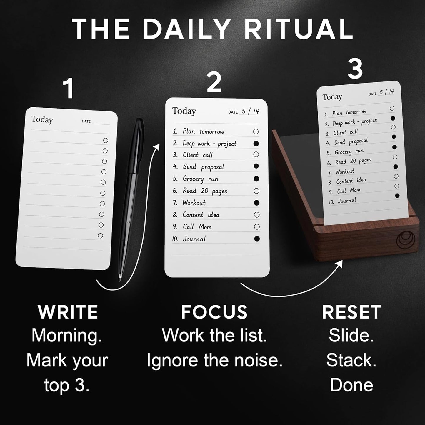 Daily Planner To Do List Notepad - Checklist & Goal Cards for ADHD Focus - Walnut Display + Planner Cards