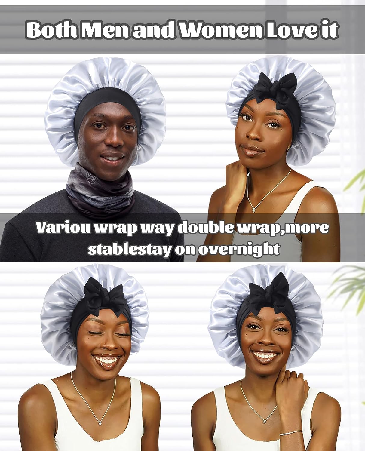 Satin Bonnet for Sleeping Cap Double Layer Hair Bonnet with Elastic Tie Band for Curly Hair Night Cap (Bean Paste + Pink)