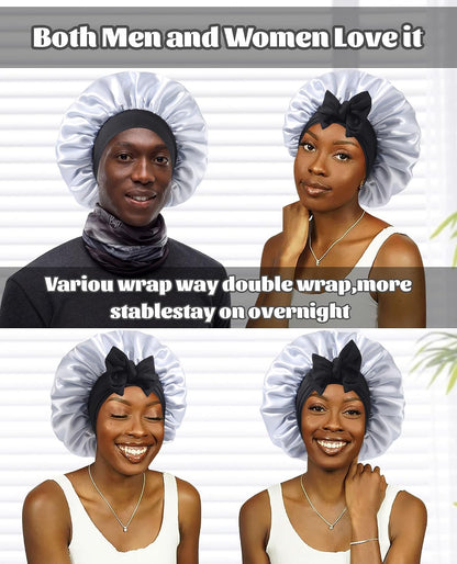 Satin Bonnet for Sleeping Cap Double Layer Hair Bonnet with Elastic Tie Band for Curly Hair Night Cap (Bean Paste + Pink)