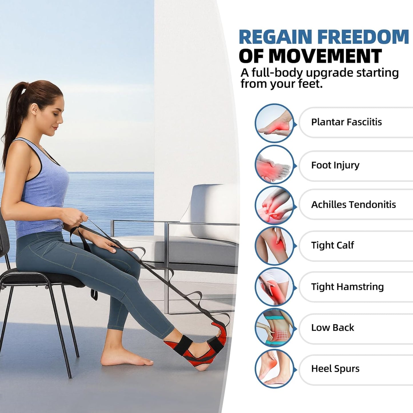 comness Foot and Calf Stretcher-Stretching Strap For Plantar Fasciitis, Heel Spurs, Foot Drop, Achilles Tendonitis & Hamstring. Yoga Foot & Leg Stretch Strap. (Black)