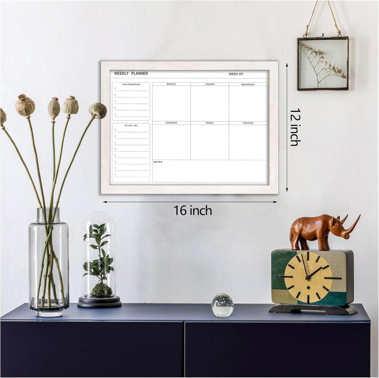 White Board Weekly Calendar Dry Erase Planner for Wall-16"X12",Black Solid Wood Frame,Minimal/Modern Design, Magnetic Whiteboard Planner for to Do List, Memo, School, Home, Office, Kitchen