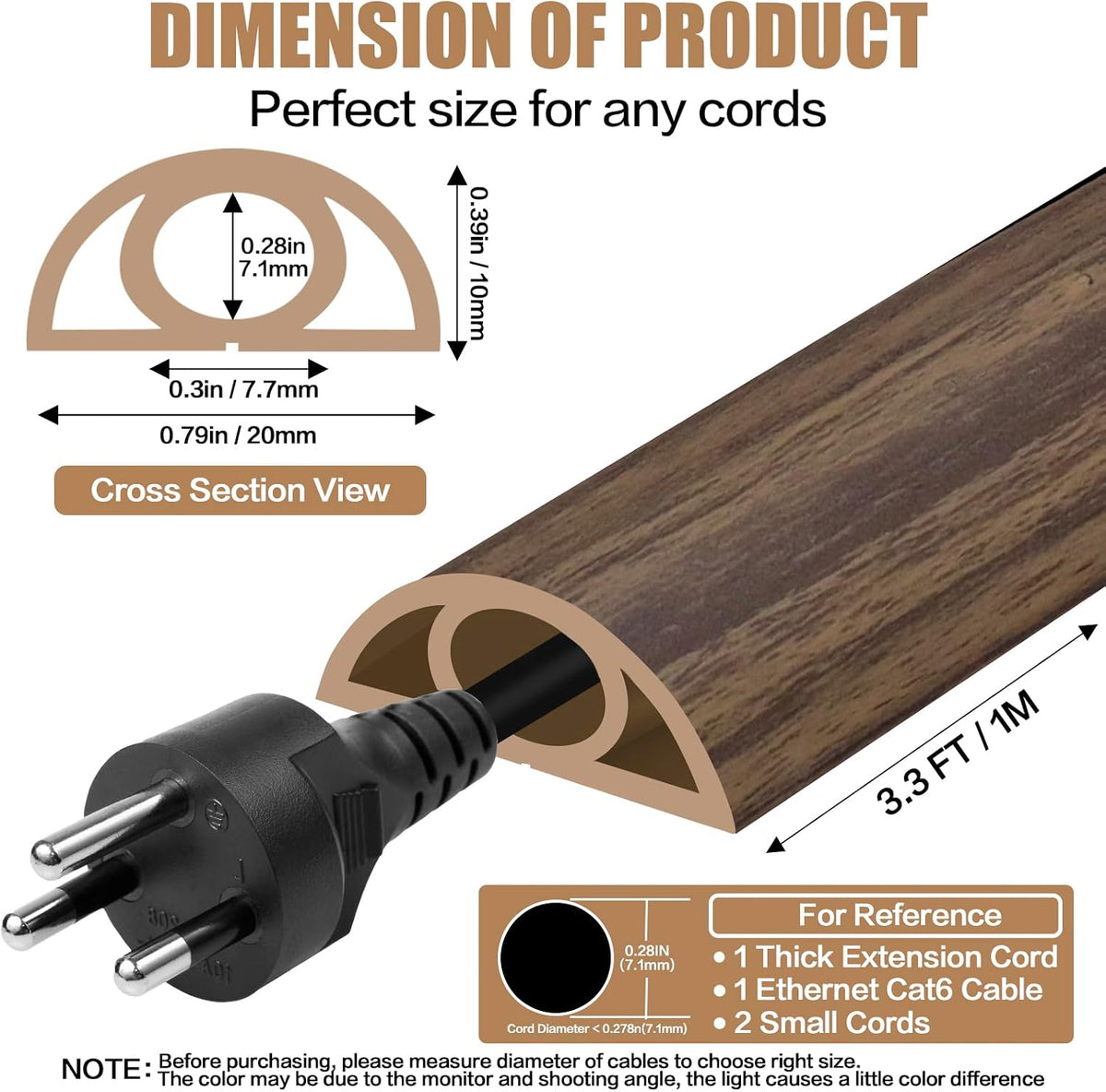 Floor Cord Cover Self Adhesive Cord Hider,10FT Cable Management, Extension Strip Protector for Wires, Prevent Cable Trips for Offices, Gyms, Exhibitions Cavity 0.39"(W) x 0.27"(H) BrownWood