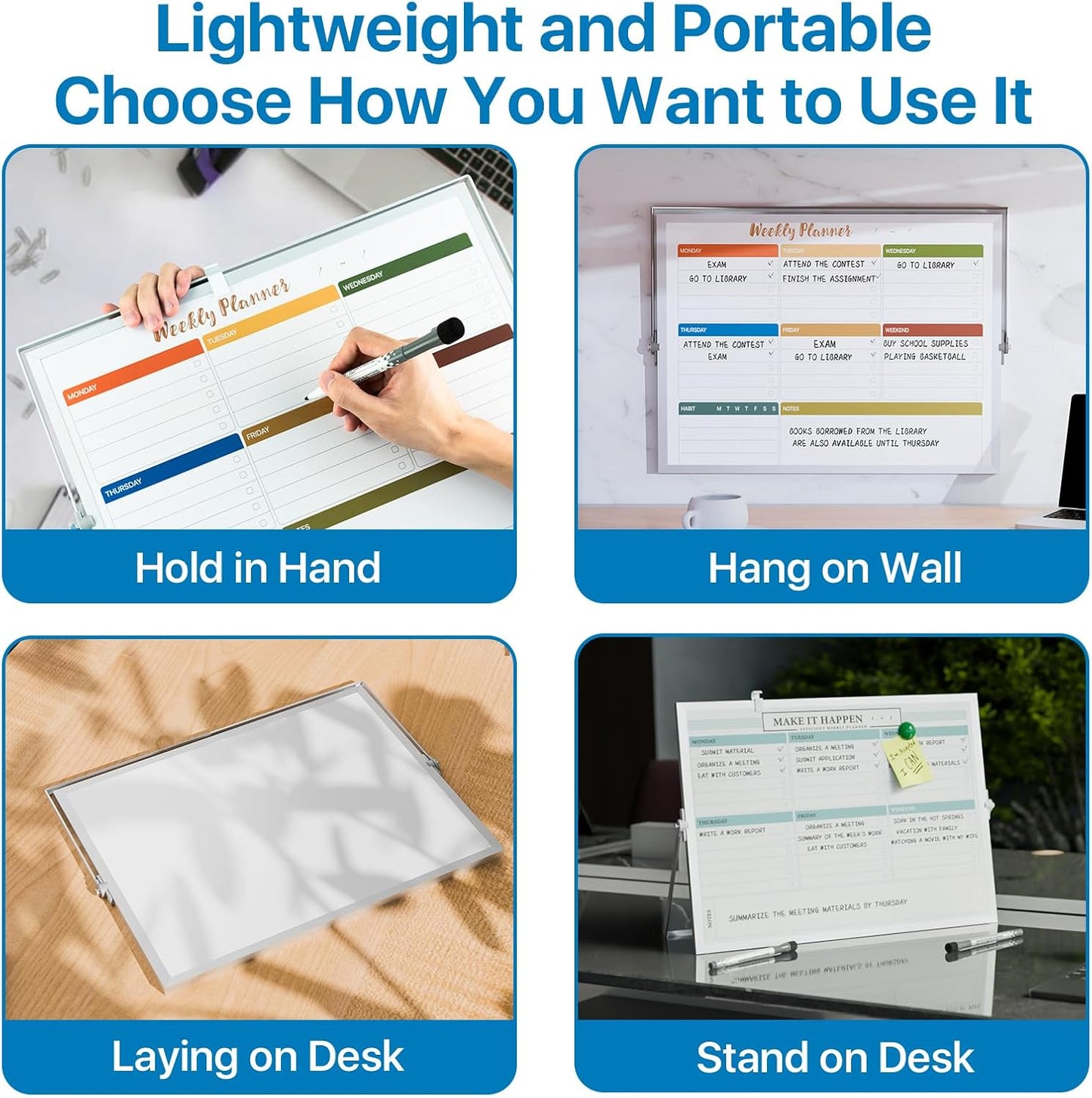 Marsrock Dry Erase White Board with Stand,Double-Sided Weekly Whiteboard 16"x12",10 Markers,6 Magnets,1 Eraser,Portable Desktop Whiteboard for Planning,Weekly Schedule Board for Office