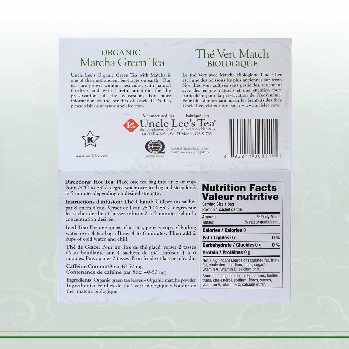 Uncle Lee's Organic Matcha Green Tea Bags, 40 Count