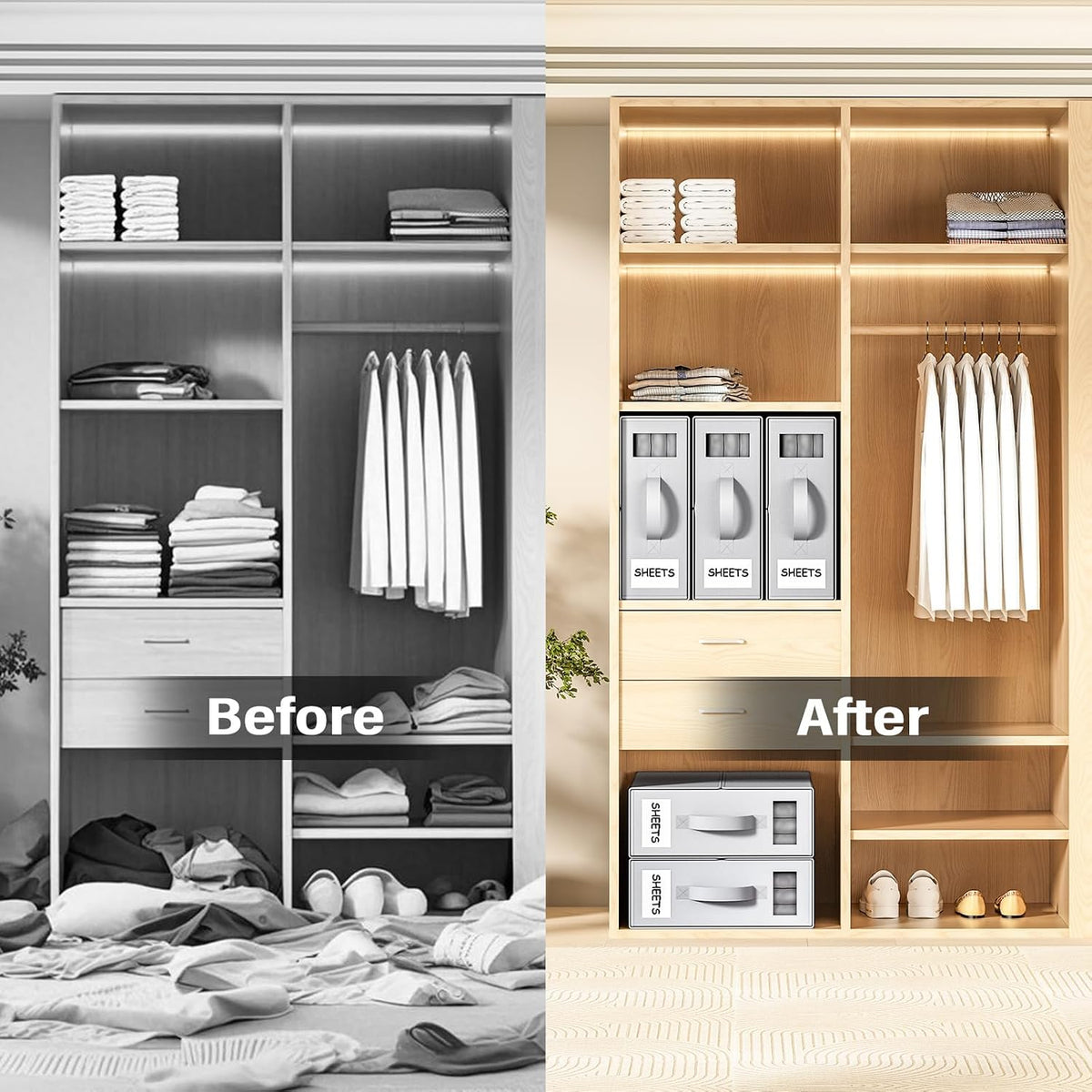 Bed Sheet Organizers and Storage, Foldable Fabric Storage Bins for Bed Sheets Duvet Covers Pillowcases, Closet Organizer, Storage Container Boxes for Blankets, Clothes ((Queen or King), Grey)
